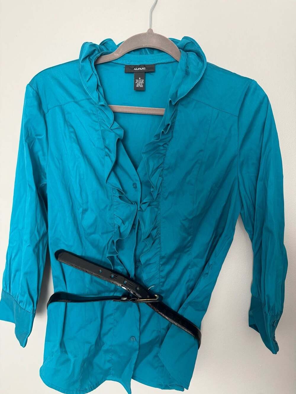 Alfani Women's Blue Ruffle Front Button-Up Blouse with Belt Size 8